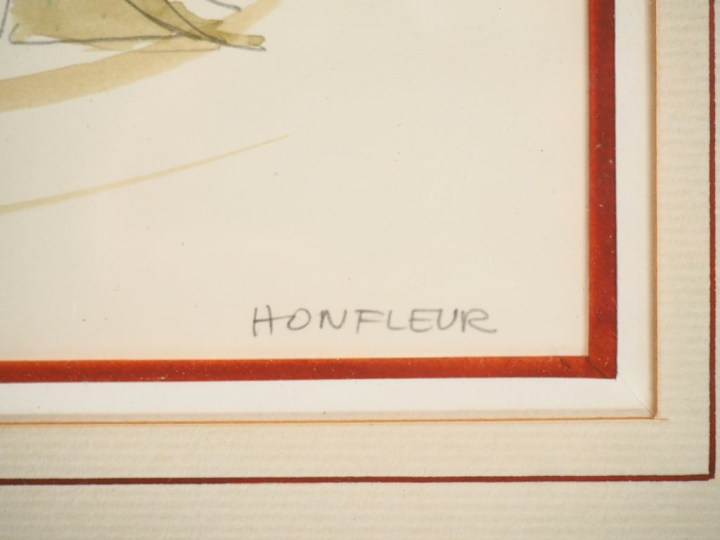 Jean MONNERET. "Ravaudeurs de filets". Aquarelle, signée en bas à droi