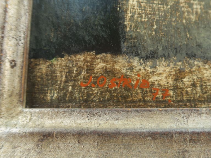 Jose OSTRIA. "Le verre d'eau". Huile sur isorel, signée en bas à gauch