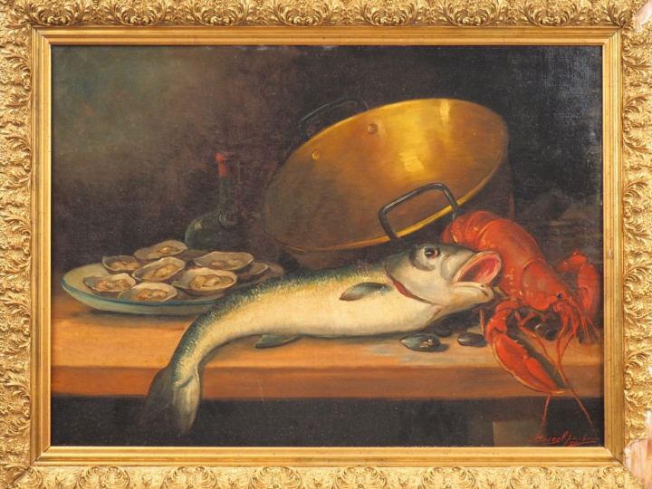 Jules-Georges PASCAL. "Nature morte aux poissons et crustacés". Huile 
