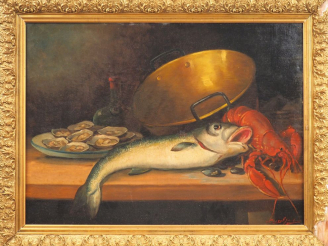 Vente aux enchères Jules-Georges PASCAL. "Nature morte aux poissons et crustacés". Huile 