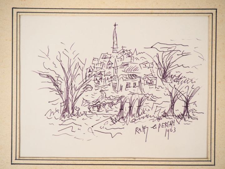 Jean RAFFY LE PERSAN. "Vue de village". Dessin, signé en bas à droite 