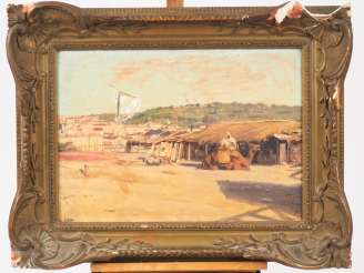 Vente aux enchères Paul SAÏN. "Village animé en Afrique du nord". Huile sur toile, signée