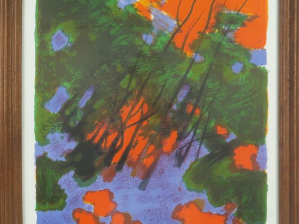 Maurie Elie SARTHOU. "Feu dans les chênes". Lithographie en couleur, c