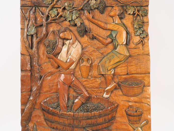 Remigio SOLER. "Allégorie des vendanges". Panneau en bois sculpté poly