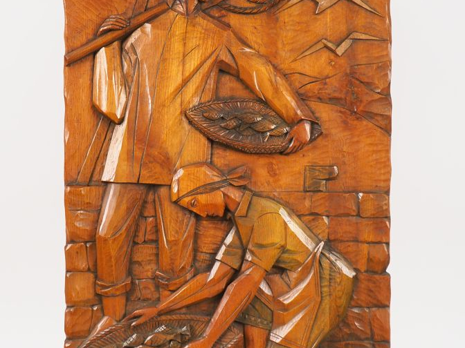 Remigio SOLER. "Le marché aux poissons". Panneau en bois sculpté polyc