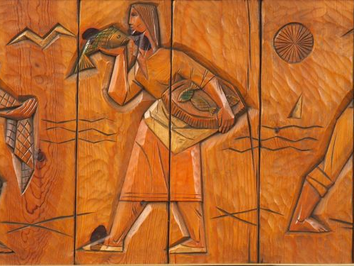 Remigio SOLER. "Pêcheurs". Panneau en bois sculpté polychrome signé en