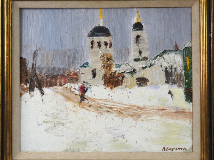 Victor SOROKIN. "Village en Russie". Huile sur toile, signée en bas à 