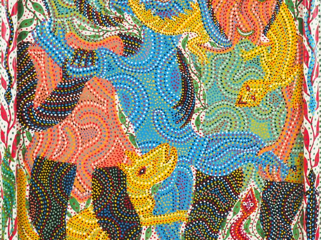 Hamou AIT TAZARIM. "Danse sur Mars". Huile sur panneau, signée en bas 