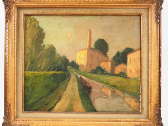 Vente aux enchères F. TOZZI. "bord de canal". Huile sur toile, signée en bas à gauche. Di