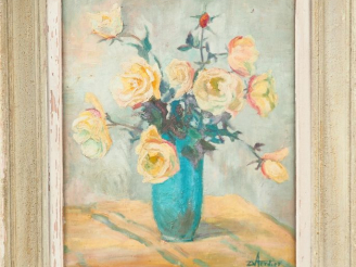 Vente aux enchères VERDIER. "Bouquet de roses blanches dans un vase". Huile sur toile, si