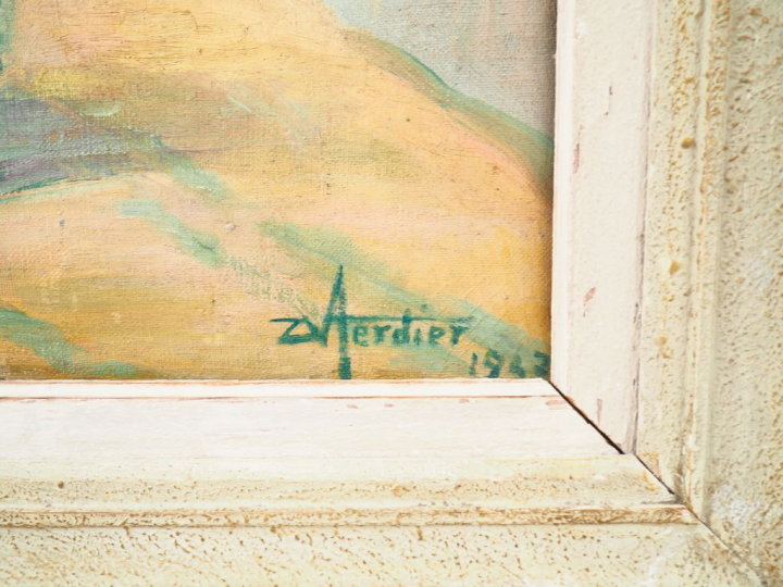 VERDIER. "Bouquet de roses blanches dans un vase". Huile sur toile, si