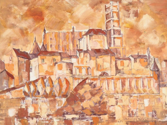 Vente aux enchères Christian VIALLE. "La basilique et le palais de la Berbie" Huile sur t