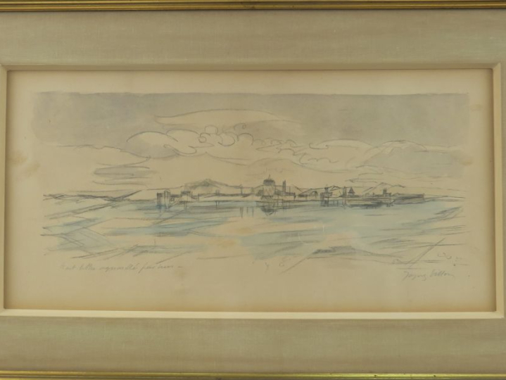 Jacques VILLON. "Vue de ville en bord de mer". Lithographie, aquarellé