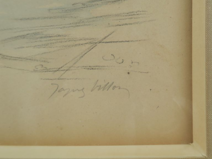 Jacques VILLON. "Vue de ville en bord de mer". Lithographie, aquarellé