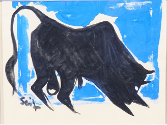 Vente aux enchères Seif WANLY. "Tauromachie bleue" Aquarelle, signée en bas à gauche. Dim