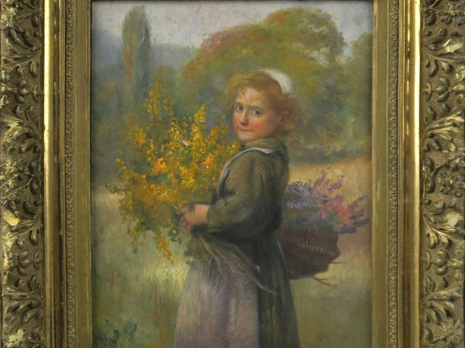 Ecole française XIXème. "Portrait de jeune fille au panier de fleurs".