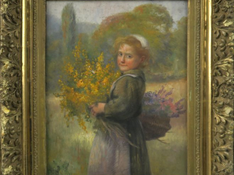 Vente aux enchères Ecole française XIXème. "Portrait de jeune fille au panier de fleurs".
