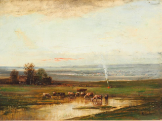 Vente aux enchères Ecole française XIXème. "Troupeau dans un paysage lacustre". Huile sur