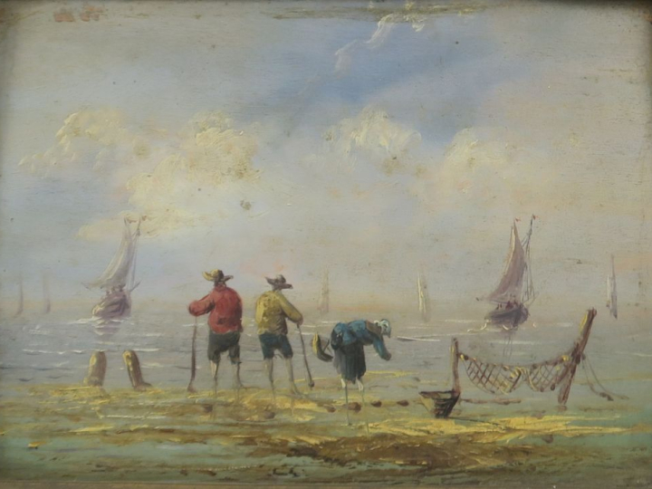 Ecole française début XXème. "Pêcheurs en bord de mer". Paire d'huiles