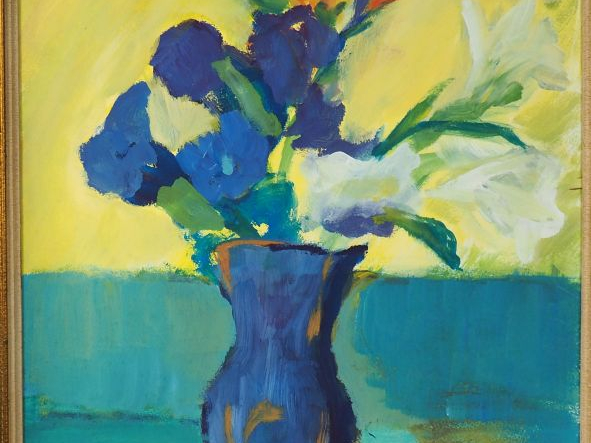 Ecole française XXème. "Bouquet de fleurs dans une carafe". Gouache su