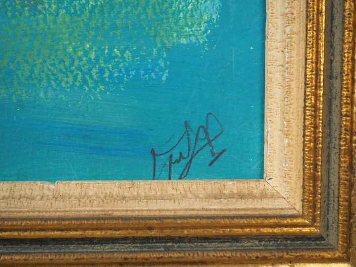 Ecole française XXème. "Bouquet de fleurs dans une carafe". Gouache su