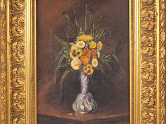 Vente aux enchères Ecole française XXème. "Nature morte au bouquet". Huile sur toile, sig