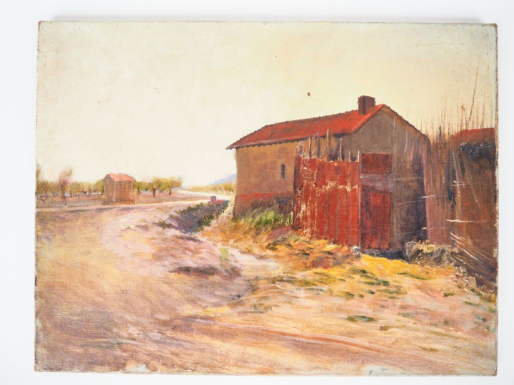 Ecole française XXème. "Chaumière dans la campagne". Huile sur toile. 