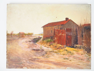 Vente aux enchères Ecole française XXème. "Chaumière dans la campagne". Huile sur toile. 