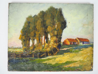 Vente aux enchères Ecole française début XXème. "la Ferme près des peupliers". Huile sur 