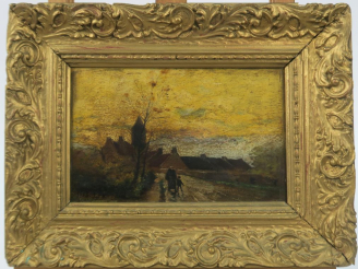 Vente aux enchères Ecole XIXème "Balade dans la campagne bretonne". Huile sur panneau, si