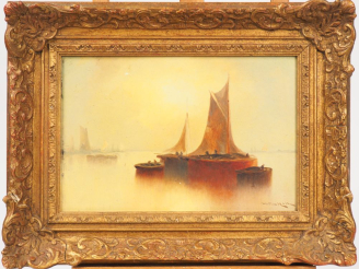 Vente aux enchères Ecole française début XXème. "Marine au soleil levant". Huile sur pann