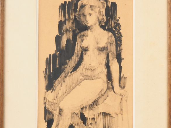Ecole française XXème. "Portrait de jeune fille assise". Dessin, signé