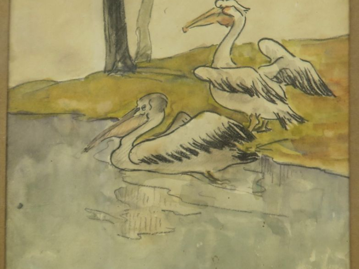 Ecole française XXème. "Les pélicans". Aquarelle, monogrammée en bas à