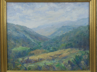 Vente aux enchères Ecole française XXème. "Paysage montagneux". Huile sur toile, monogram