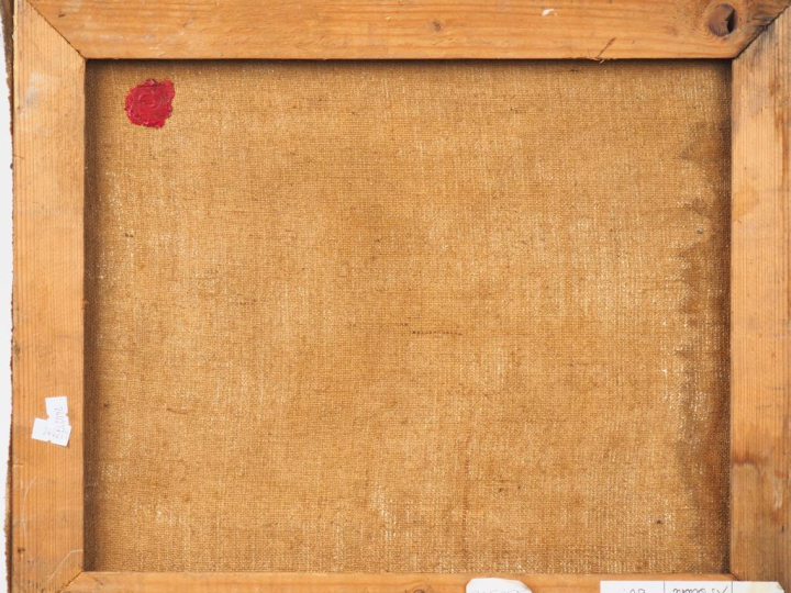 Ecole française XXème. "Composition". Huile sur toile, signée en bas à