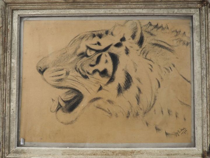 Ecole française XXème. "Le fauve". Dessi au fusain, signé en bas à dro