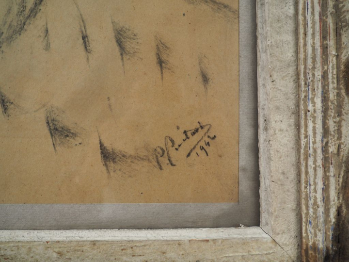 Ecole française XXème. "Le fauve". Dessi au fusain, signé en bas à dro