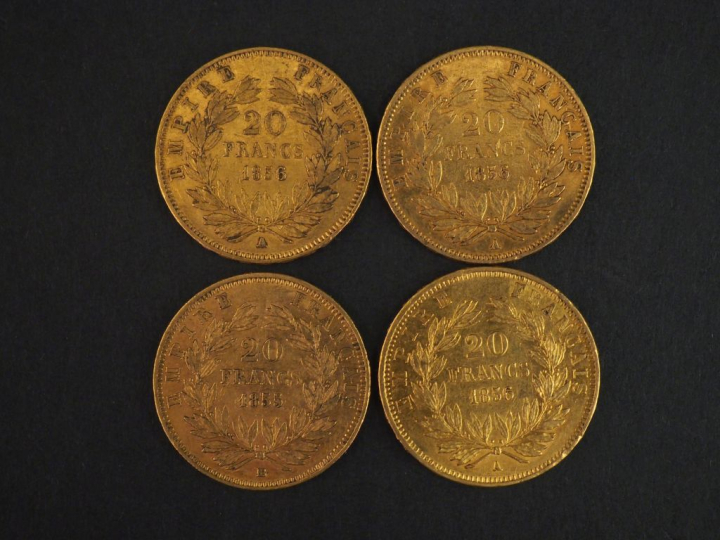Quatre pièces de 20 Francs or, 1855-BB (x1) et 1856-A (x3). FRAIS ACHE