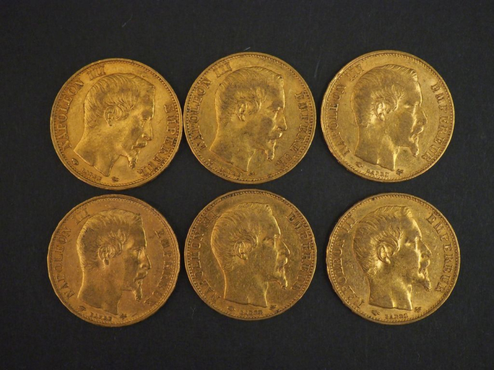 Six pièces de 20 Francs or, 1857-A (x3), 1858-A (x1) et 1859-A (x2). F