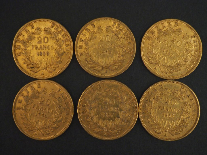 Six pièces de 20 Francs or, 1857-A (x3), 1858-A (x1) et 1859-A (x2). F