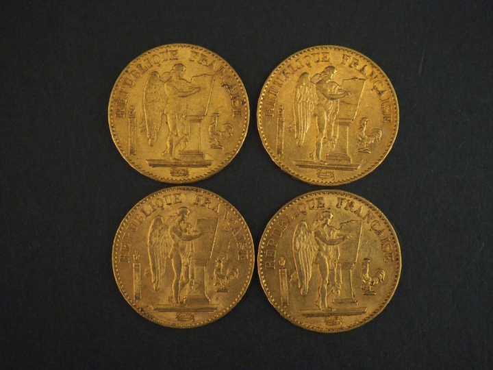 Quatre pièces de 20 Francs or, 1875-A (x1), 1876-A (x1) et 1878-A (x2)