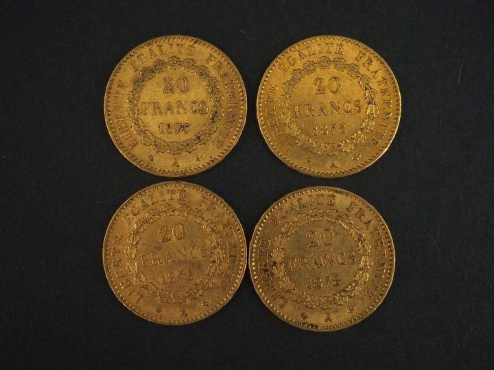 Quatre pièces de 20 Francs or, 1875-A (x1), 1876-A (x1) et 1878-A (x2)