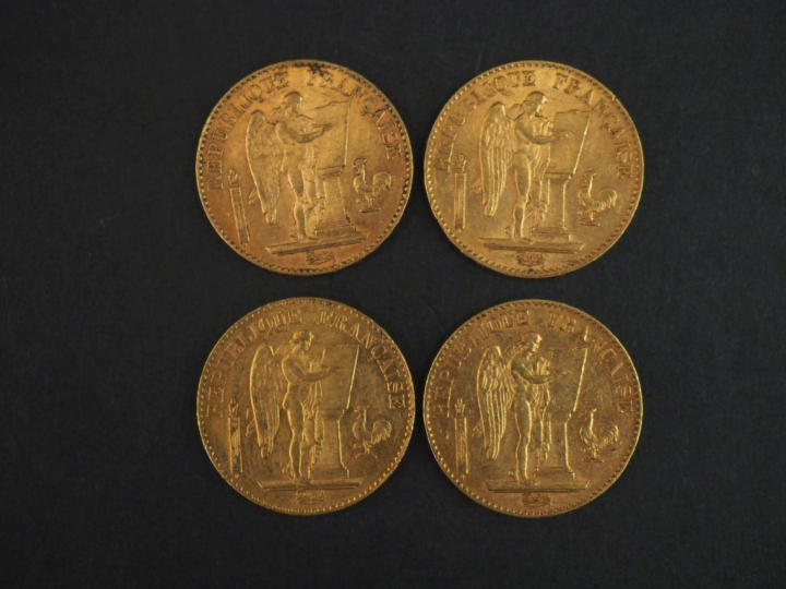Quatre pièces de 20 Francs or, 1889-A (x1), 1891-1 (x1), 1892-A (x1) e