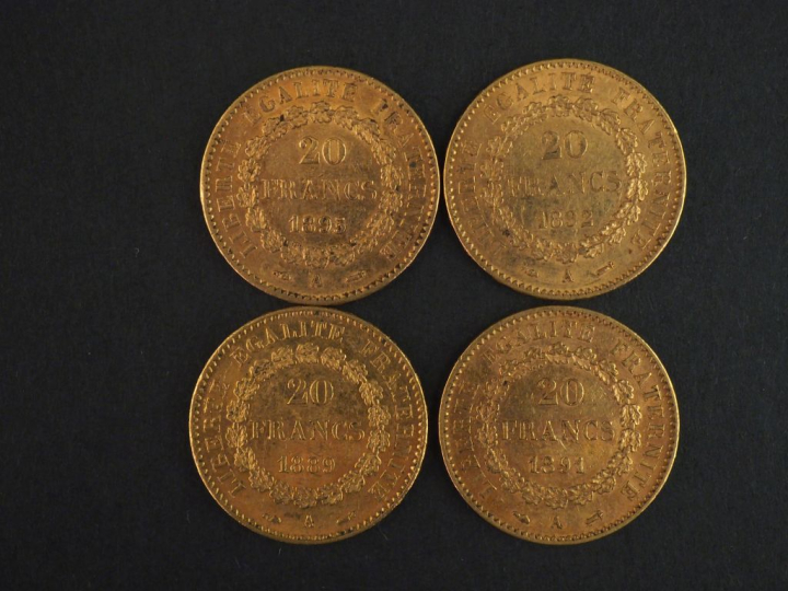 Quatre pièces de 20 Francs or, 1889-A (x1), 1891-1 (x1), 1892-A (x1) e