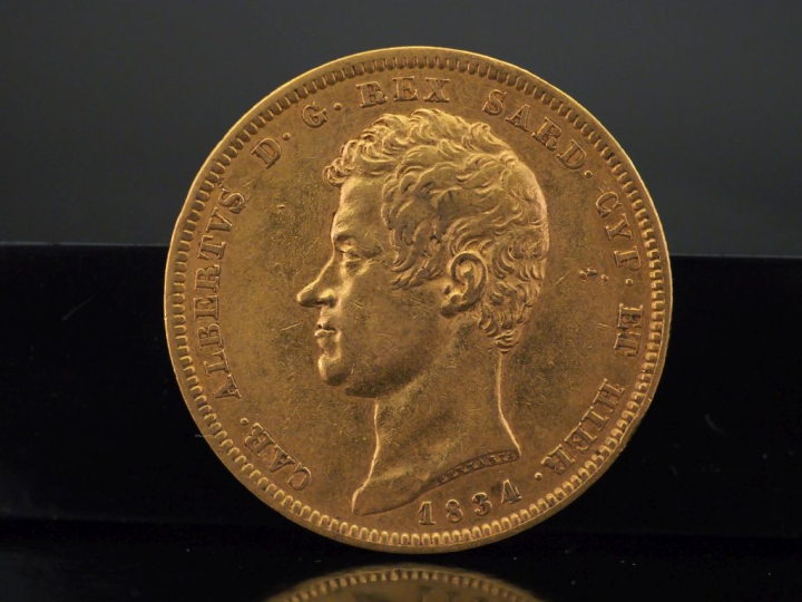 Une pièce de 100 Lires or, 1834. FRAIS ACHETEURS 10% HT.   