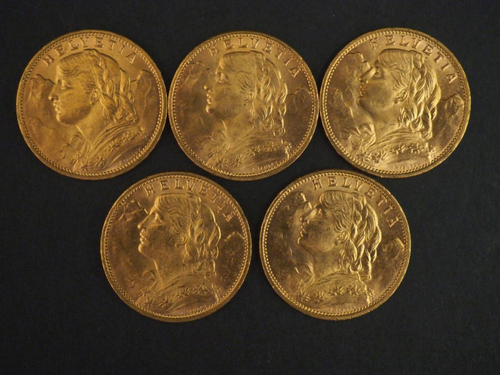Cinq pièces de 20 Francs suisse or, 1918-B.  FRAIS ACHETEURS 10% HT.  