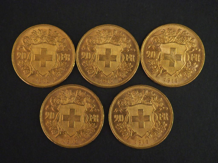 Cinq pièces de 20 Francs suisse or, 1918-B.  FRAIS ACHETEURS 10% HT.  