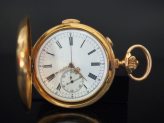 Vente aux enchères Montre de gousset chronographe en or jaune 750. Couvercle à l'avant, à