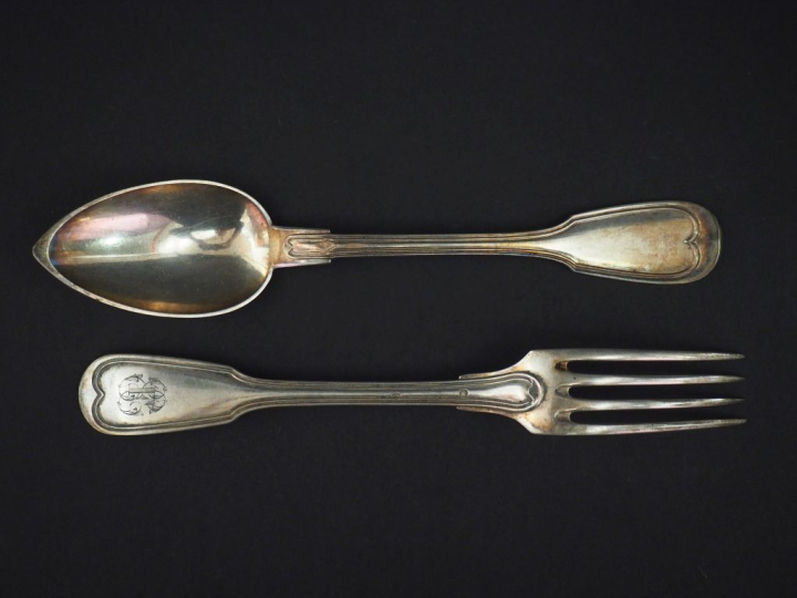 Suite de six grands couverts en argent 925, poinçon Minerve, modèle à 