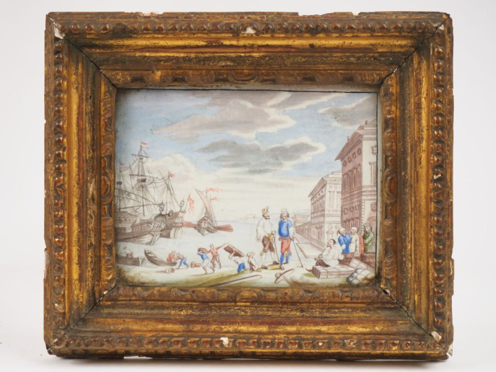 Ecole française début XIXème. "Le débarquement dans le port". Dessin a